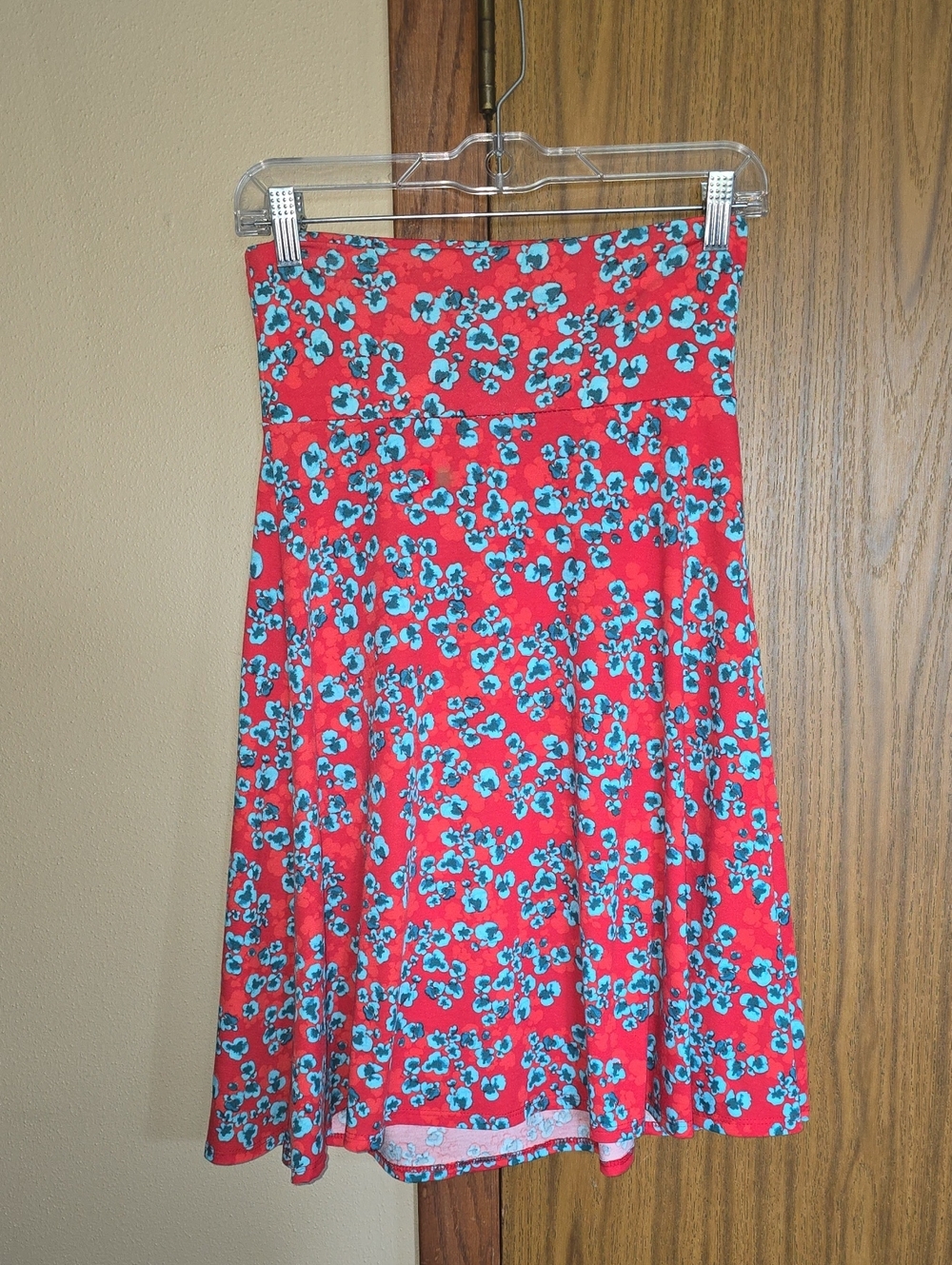 LuLaRoe Red Skater Skirt with Blue Floral Print